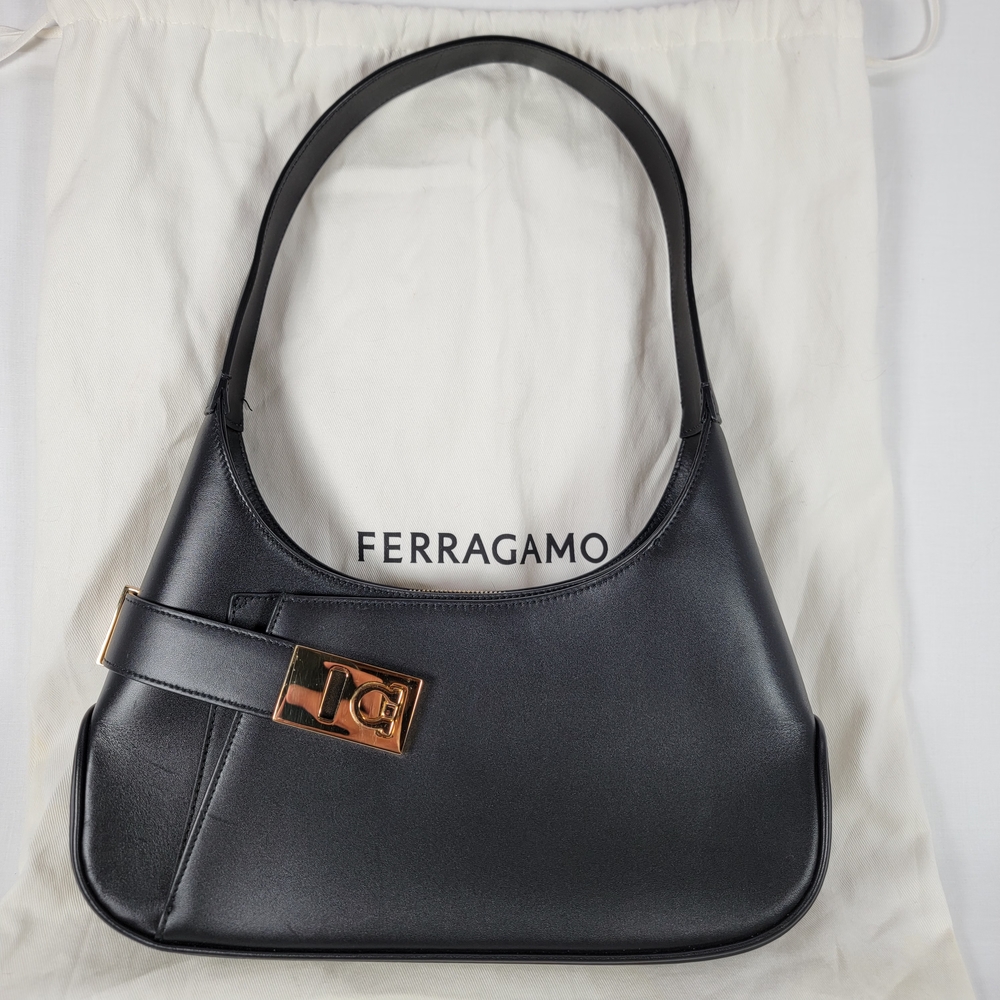 Salvatore Ferragamo Black Shoulder Bag with Gold Buckle